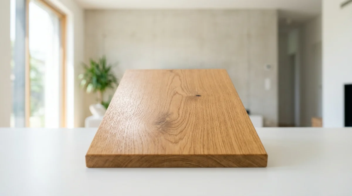 Échantillon de parquet en bois massif avec finition vitrifiée satinée, mettant en valeur le veinage naturel et la texture.