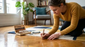 Personne réparant une rayure sur un parquet vitrifié brillant avec un feutre de retouche bois spécialisé.