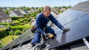 Technicien inspectant des panneaux photovoltaïques sur un toit résidentiel pour assurer leur bon fonctionnement et leur efficacité énergétique.