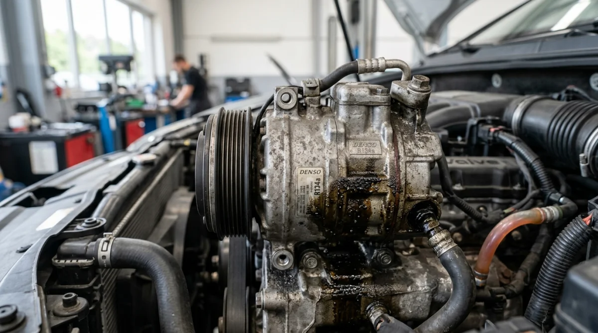 Compresseur de climatisation automobile usé présentant des traces de fuite d'huile pour reconnaître un compresseur de clim HS.