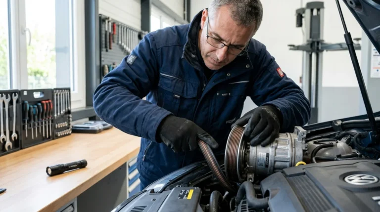 Mécanicien inspectant la poulie et la courroie d'un compresseur de clim HS dans un garage automobile professionnel.