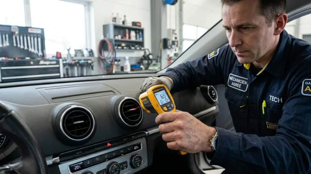 Mécanicien utilisant un thermomètre pour vérifier la température de la climatisation automobile afin de savoir si elle est à recharger.