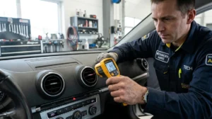 Mécanicien utilisant un thermomètre pour vérifier la température de la climatisation automobile afin de savoir si elle est à recharger.