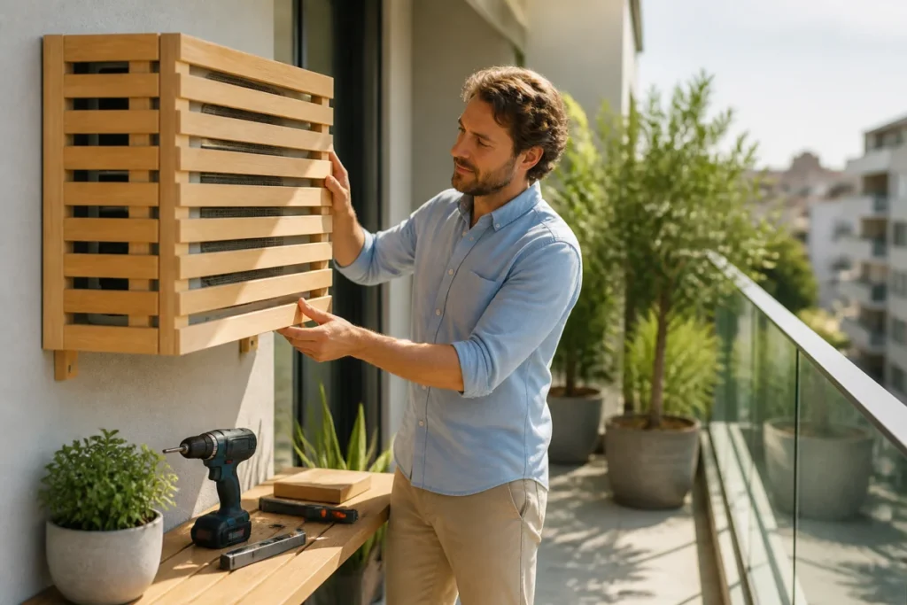 Bricoleur installant un cache-climatiseur en bois clair sur un balcon moderne pour illustrer comment fabriquer un cache clim.