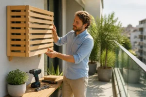 Bricoleur installant un cache-climatiseur en bois clair sur un balcon moderne pour illustrer comment fabriquer un cache clim.
