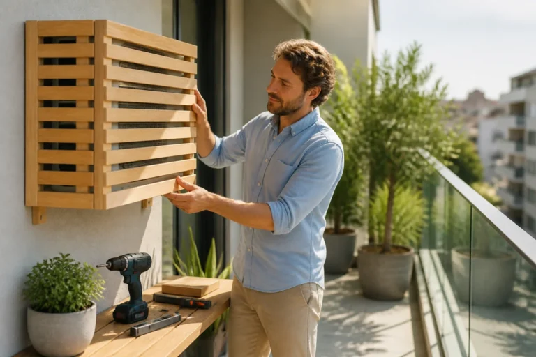 Bricoleur installant un cache-climatiseur en bois clair sur un balcon moderne pour illustrer comment fabriquer un cache clim.