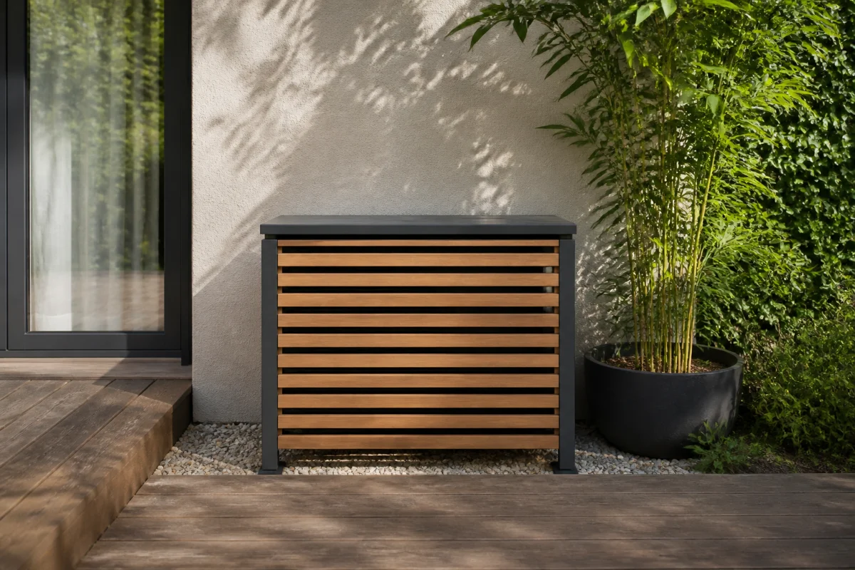 Cache-climatiseur moderne en bois installé dans un jardin pour apprendre comment fabriquer un cache clim esthétique.