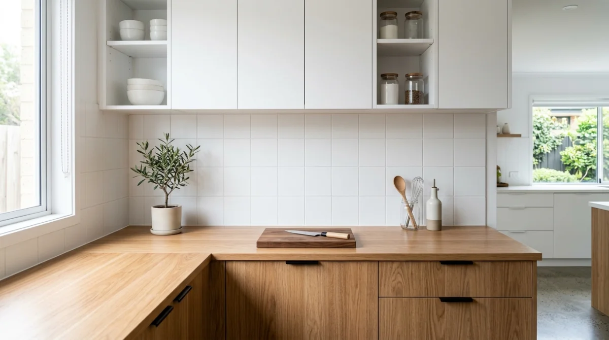 Cuisine moderne illustrant la hauteur idéale entre le plan de travail et les meubles hauts de rangement.