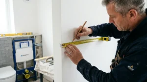 Artisan marquant la hauteur idéale pour l'installation d'un bâti-support de WC suspendu dans une salle de bain moderne.