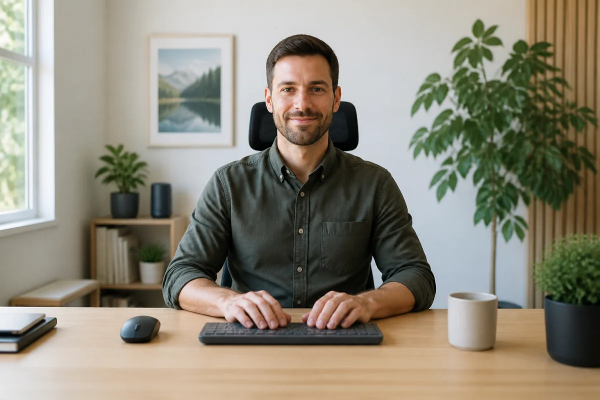 Personne assise dans une posture ergonomique devant un bureau à la hauteur standard idéale pour le travail.