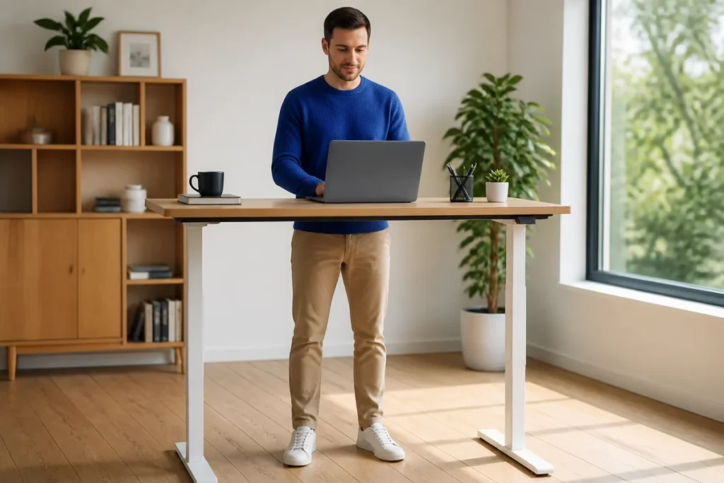 Personne en tenue décontractée travaillant debout devant un bureau ergonomique réglable à la hauteur standard idéale.