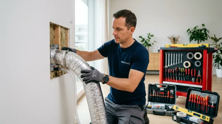 Technicien professionnel installant une gaine de climatisation sur un mur blanc dans un appartement moderne.