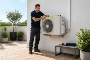 Technicien professionnel vérifiant le niveau d'une unité extérieure de climatisation gainable sur une terrasse moderne.