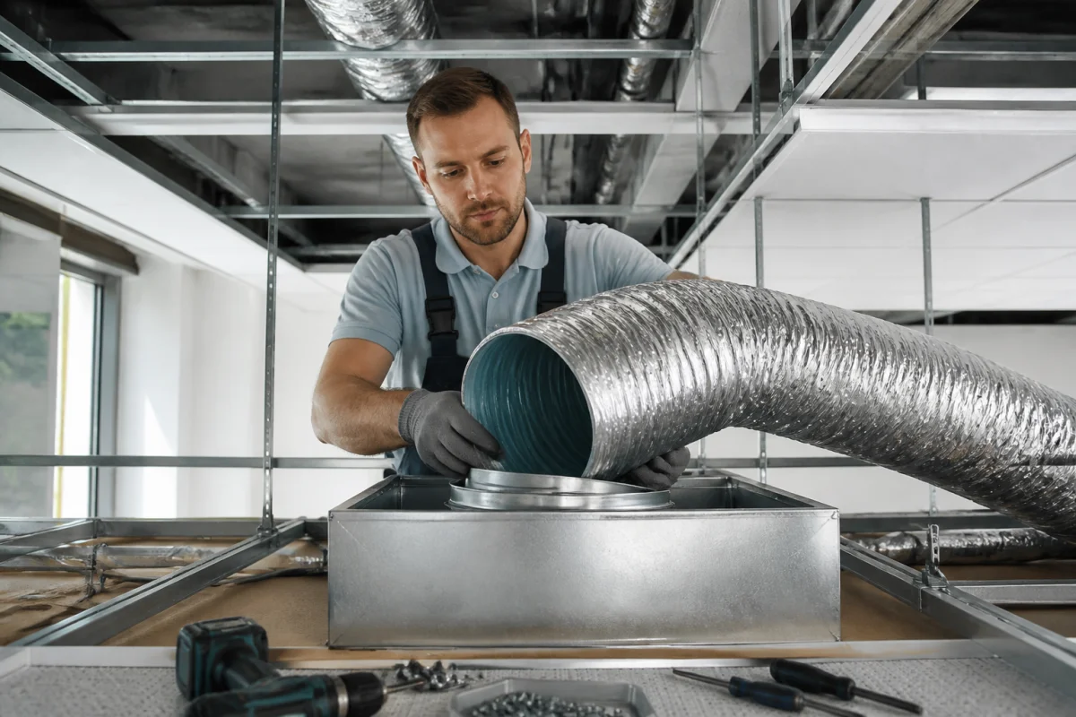 Technicien professionnel installant avec précision les conduits et le plénum d'une climatisation gainable dans un faux plafond.