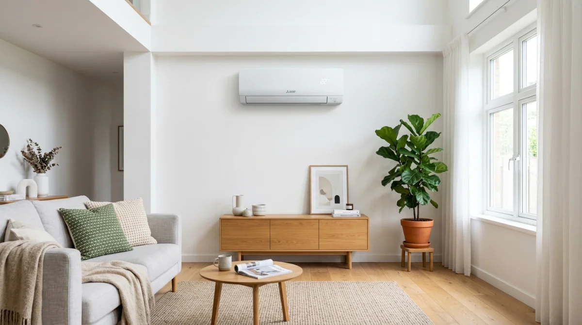 Unité intérieure de climatiseur mural moderne installée dans un salon lumineux pour illustrer comment installer une clim dans un appartement.