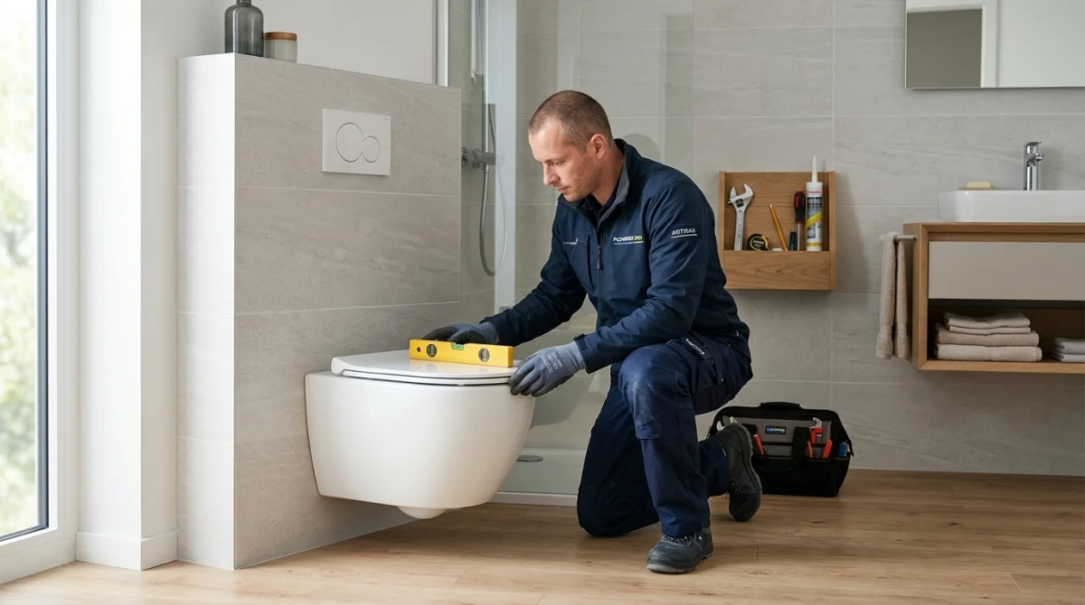 Plombier vérifiant le niveau à bulle lors de l'installation professionnelle d'un WC suspendu dans une salle de bain moderne.