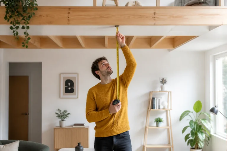 Personne mesurant la hauteur plafond standard dans un intérieur scandinave moderne avec un mètre ruban.