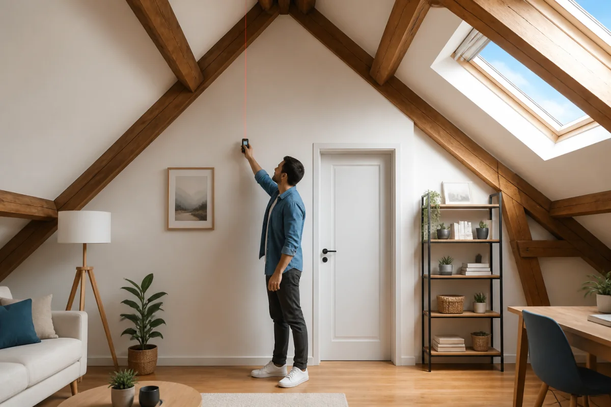 Personne utilisant un télémètre laser pour mesurer la hauteur plafond standard dans un grenier mansardé lumineux.
