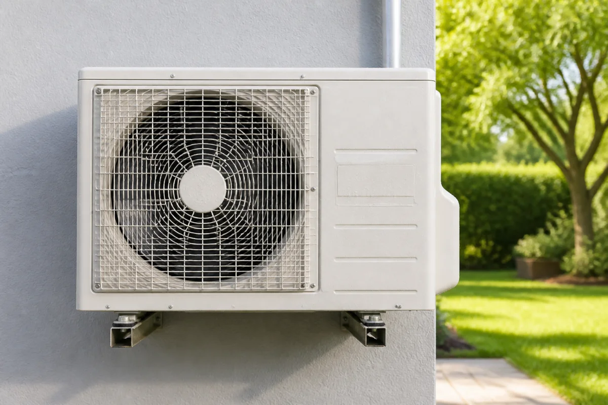 Bloc de climatisation extérieur propre et bien entretenu dans un jardin pour apprendre comment nettoyer groupe extérieur clim.
