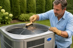 Personne nettoyant la grille d'un groupe extérieur de climatisation avec une brosse pour illustrer comment nettoyer son appareil.