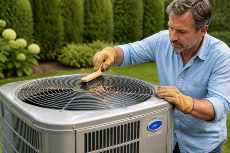 Personne nettoyant la grille d'un groupe extérieur de climatisation avec une brosse pour illustrer comment nettoyer son appareil.