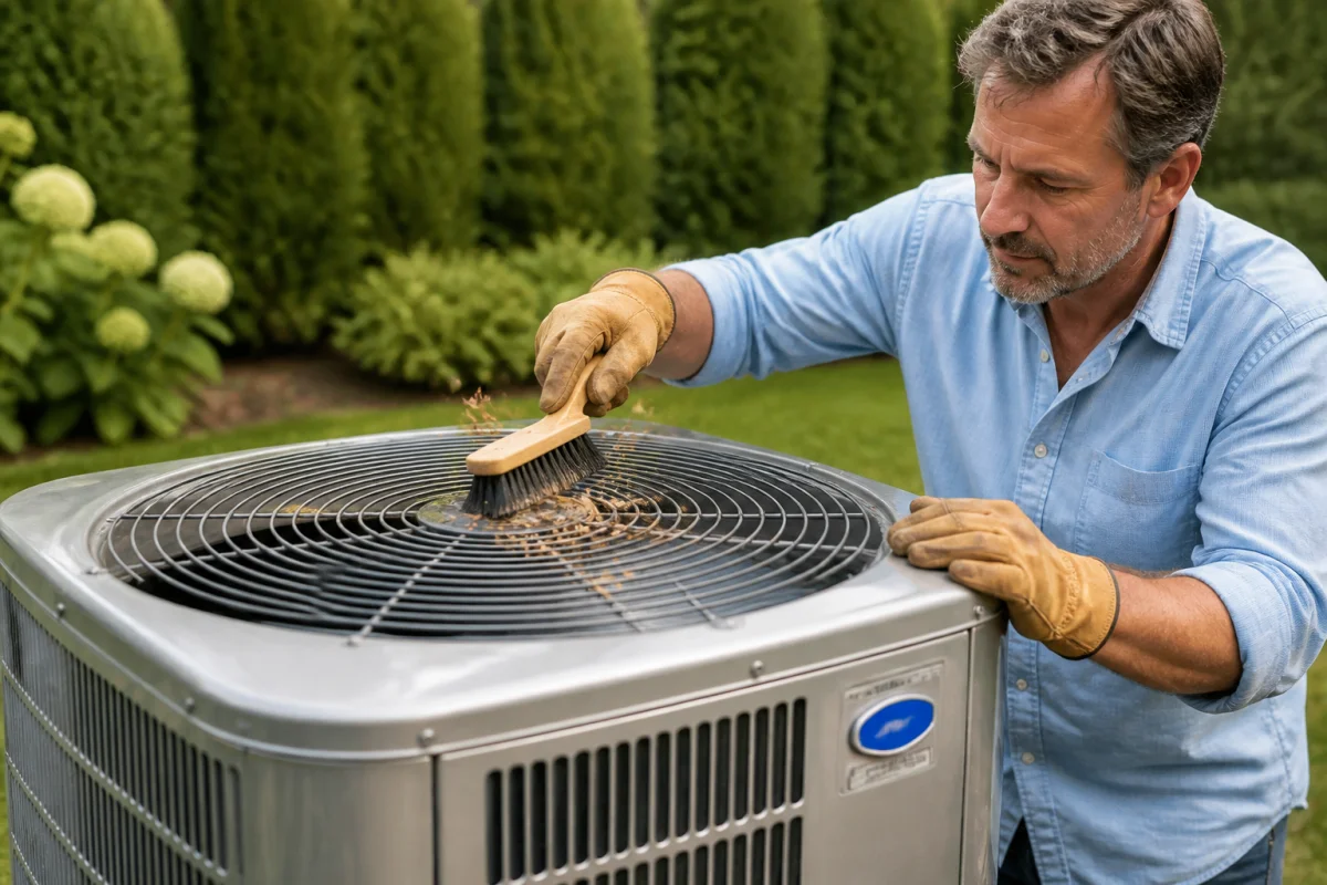 Personne nettoyant la grille d'un groupe extérieur de climatisation avec une brosse pour illustrer comment nettoyer son appareil.