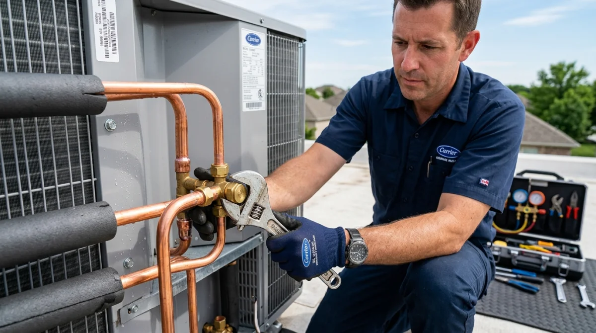 Technicien serrant les raccords en cuivre d'une climatisation pour illustrer comment purger une clim sans pompe à vide.