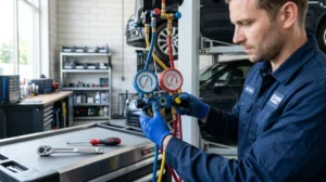 Technicien utilisant un manifold professionnel pour purger une climatisation dans un garage automobile moderne et lumineux.