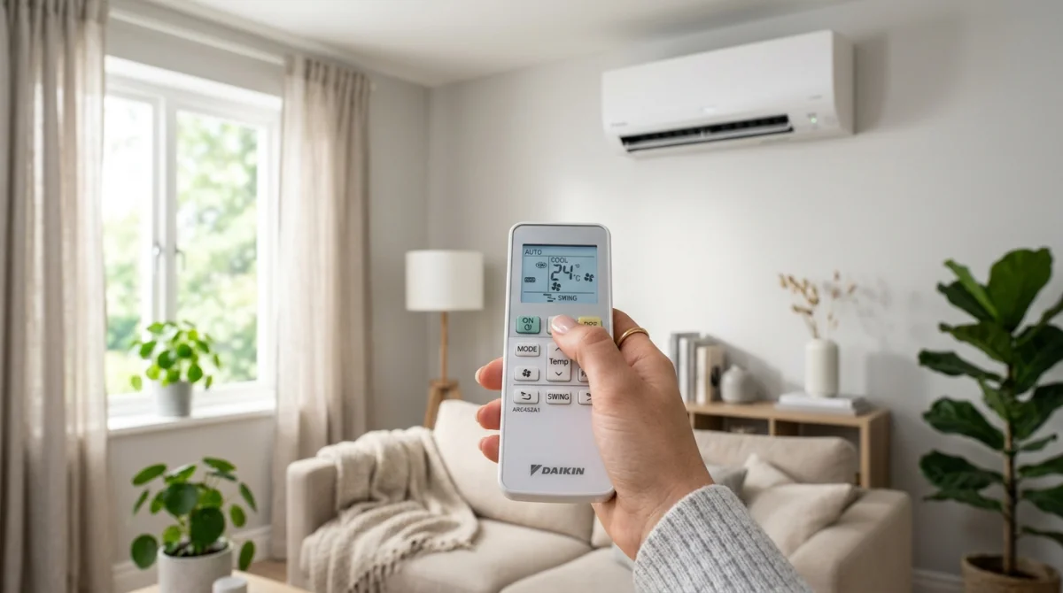 Main tenant une télécommande Daikin pour régler la température d'un climatiseur réversible dans un salon moderne.