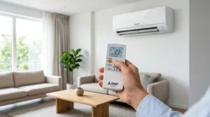 Main tenant une télécommande pour apprendre comment régler une clim réversible Mitsubishi dans un salon moderne.