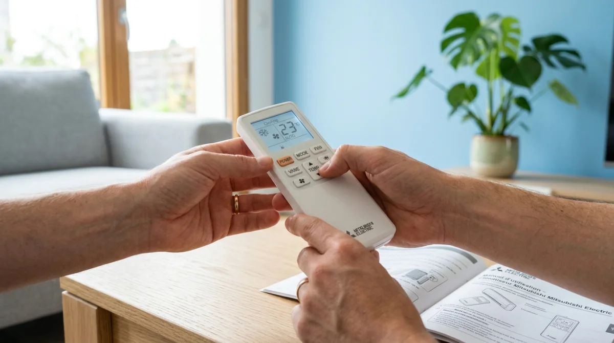 Mains réglant une télécommande de climatisation réversible Mitsubishi dans un salon moderne et lumineux.