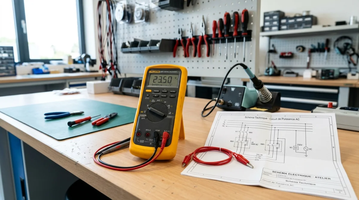 Multimètre, cavalier électrique et schéma technique sur un établi pour apprendre comment shunter un pressostat de clim.