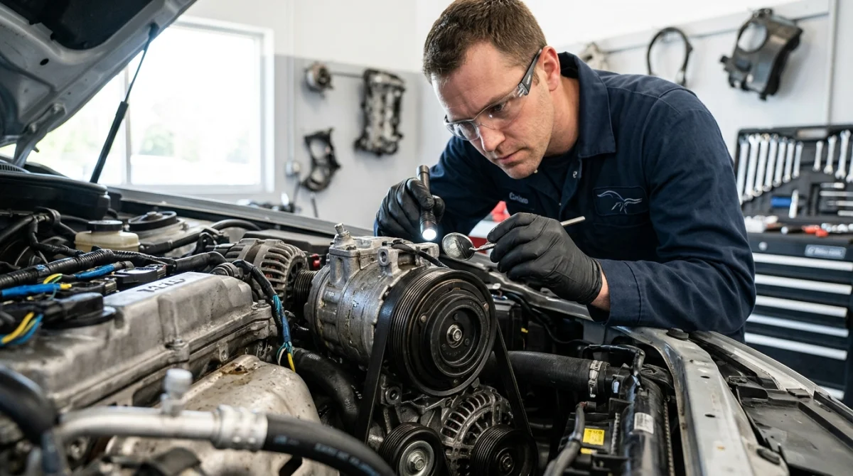 Mécanicien professionnel inspectant minutieusement le compresseur de climatisation d'un moteur pour apprendre comment tester un compresseur de clim.