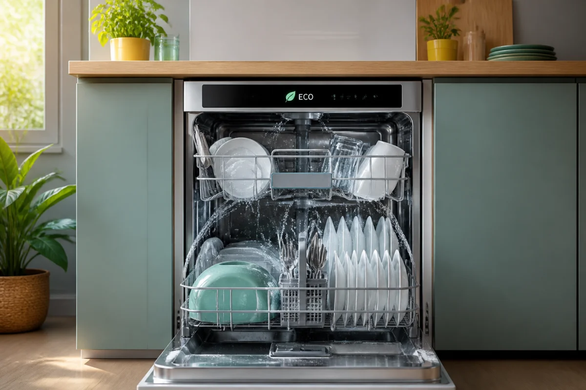 Lave-vaisselle ouvert en programme éco, vaisselle propre et jets d’eau visibles dans une cuisine lumineuse
