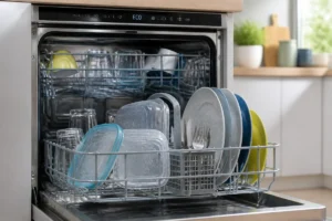 Lave-vaisselle moderne ouvert après programme éco, vaisselle propre mais humide, illustrant ses avantages et inconvénients