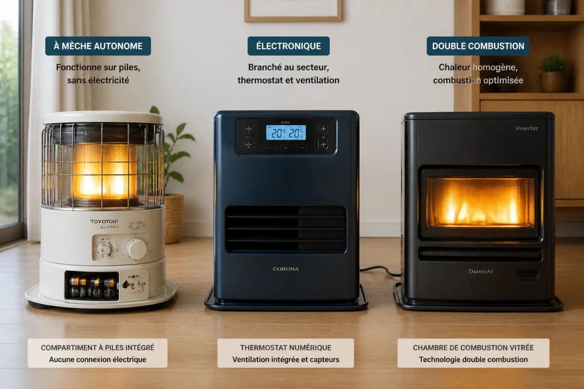Chauffage au pétrole : avantages et inconvénients illustrés par trois modèles, à mèche, électronique et à double combustion.
