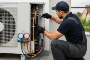 Comment enlever le gaz d'une clim : technicien fermant la vanne haute pression avec un manomètre