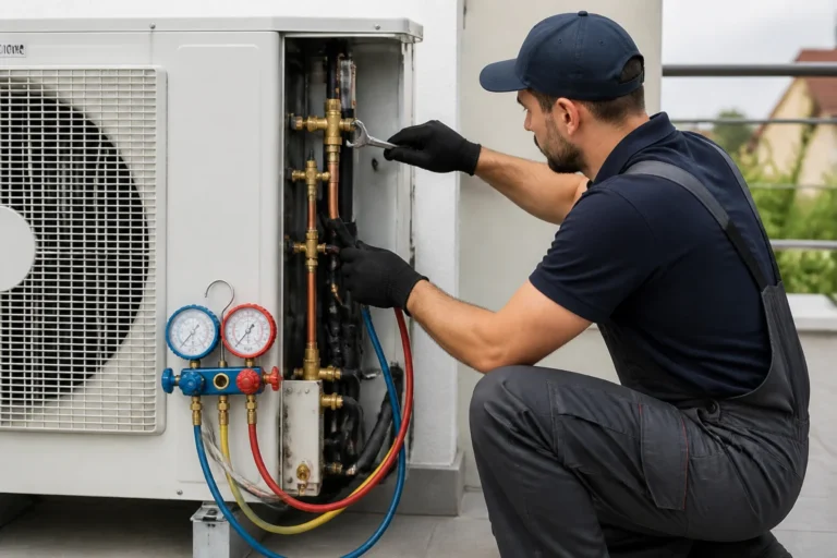 Comment enlever le gaz d'une clim : technicien fermant la vanne haute pression avec un manomètre