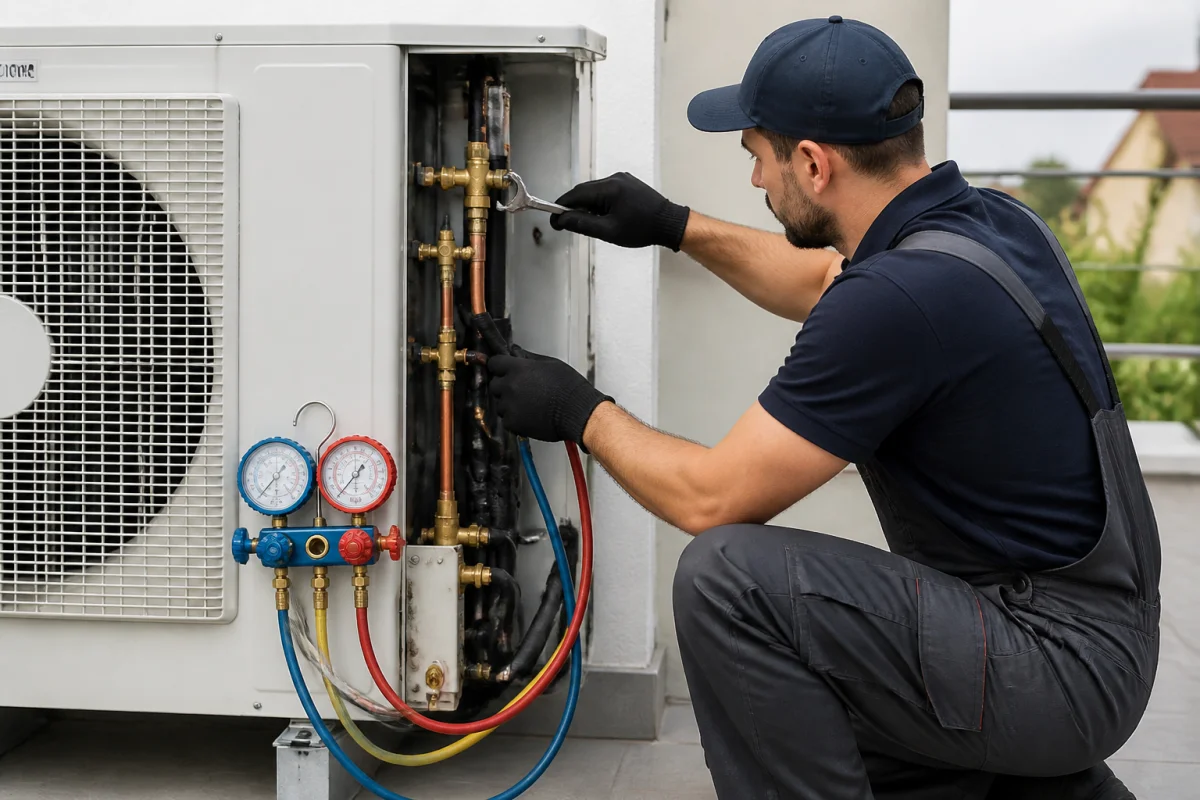 Comment enlever le gaz d'une clim : technicien fermant la vanne haute pression avec un manomètre