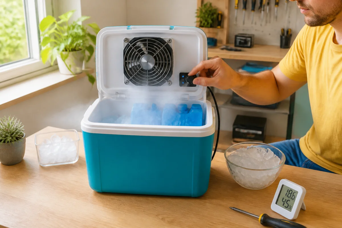 Glacière transformée en climatisation maison avec ventilateur, pains de glace visibles et brume fraîche dans un atelier lumineux