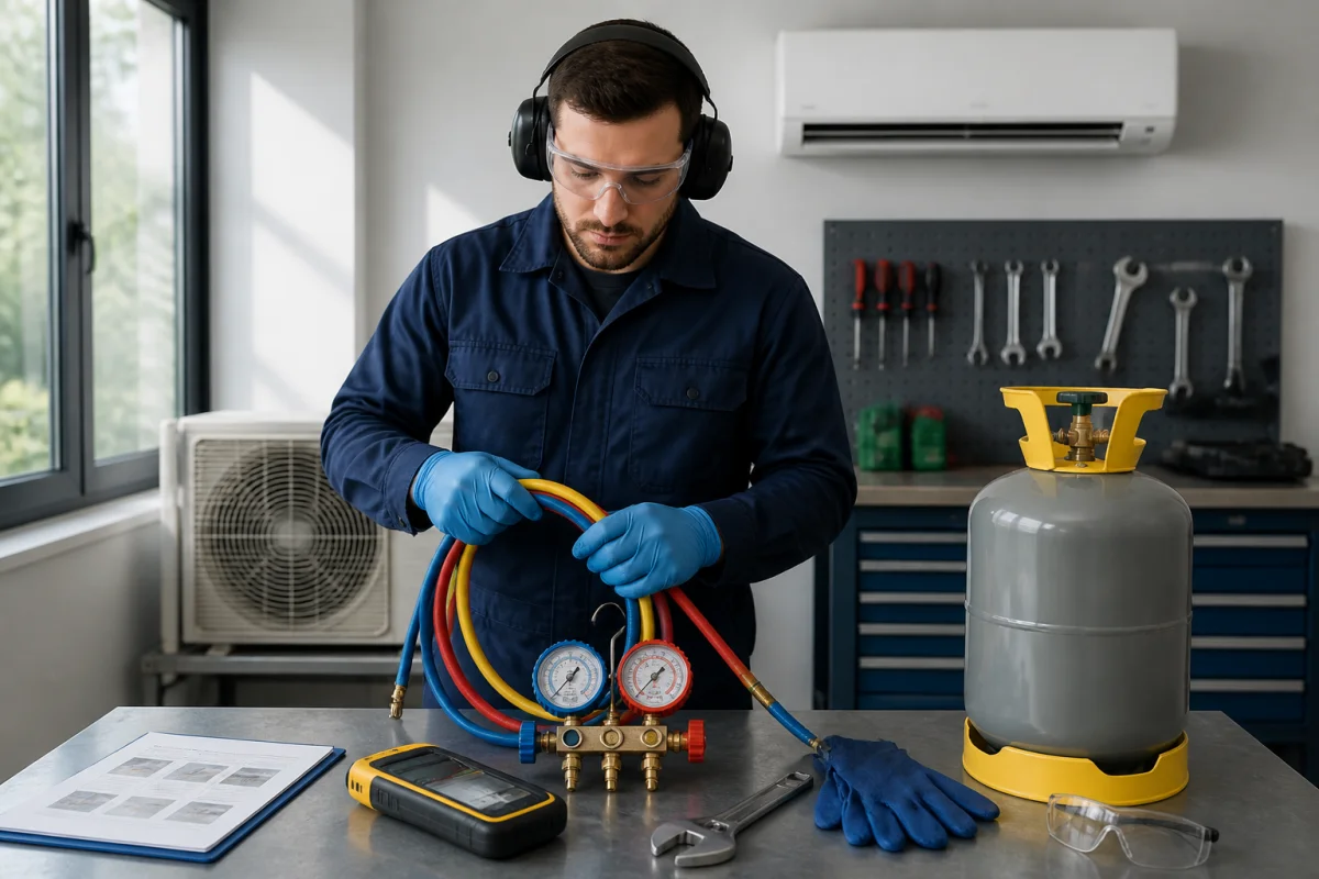 Technicien préparant un équipement de récupération du fluide frigorigène pour enlever le gaz d’une climatisation en sécurité