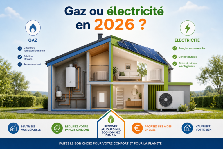 Gaz ou Électricité Rénovation 2026, maison en coupe avec chaudière et pompe à chaleur