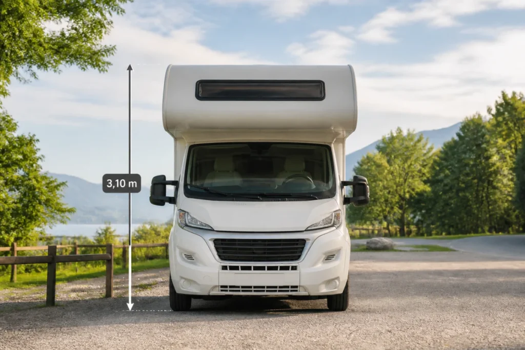 Camping-car capucine vu de face, avec mesure verticale indiquant sa hauteur sur une aire naturelle arborée
