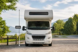 Camping-car capucine vu de face, avec mesure verticale indiquant sa hauteur sur une aire naturelle arborée