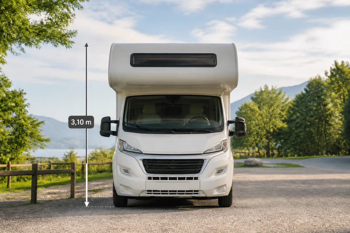Camping-car capucine vu de face, avec mesure verticale indiquant sa hauteur sur une aire naturelle arborée