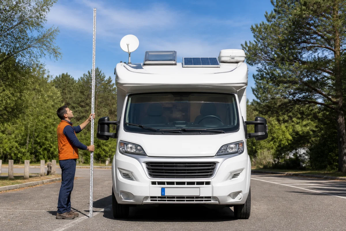 Mesure de la hauteur d’un camping-car équipé d’une antenne, d’un panneau solaire et d’un coffre de toit en aire de stationnement