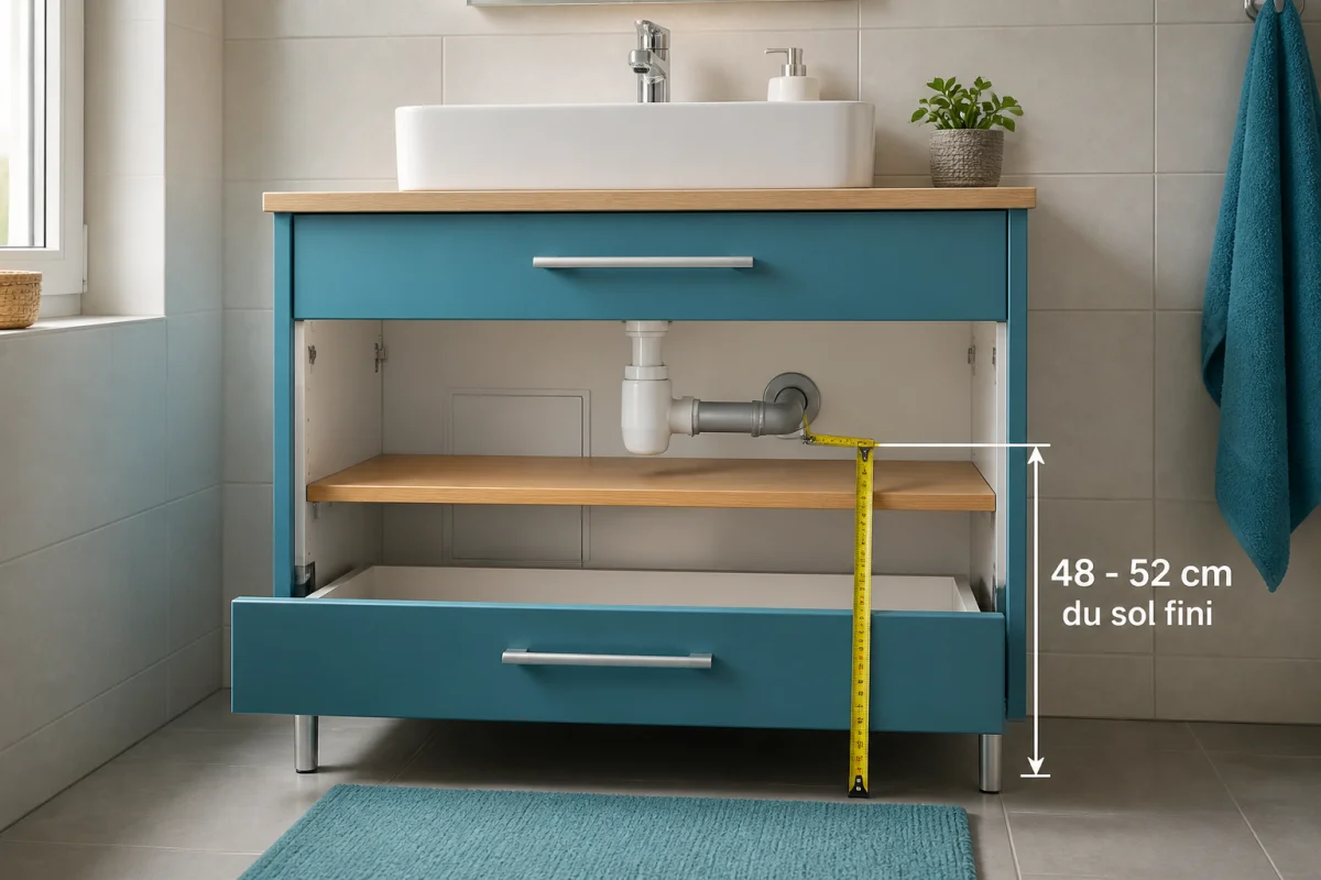 Hauteur évacuation lavabo murale à 50 cm du sol, avec siphon réglable sous meuble vasque ouvert