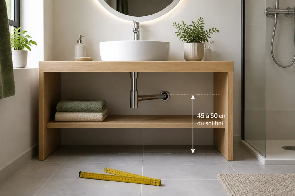 Hauteur évacuation lavabo murale entre 45 et 50 cm du sol, derrière un meuble vasque moderne
