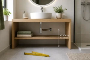 Hauteur évacuation lavabo murale entre 45 et 50 cm du sol, derrière un meuble vasque moderne
