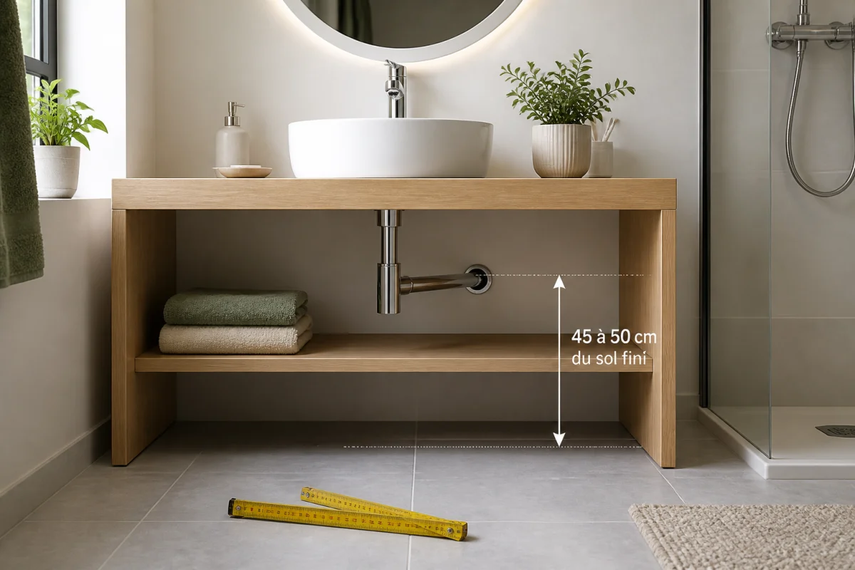 Hauteur évacuation lavabo murale entre 45 et 50 cm du sol, derrière un meuble vasque moderne